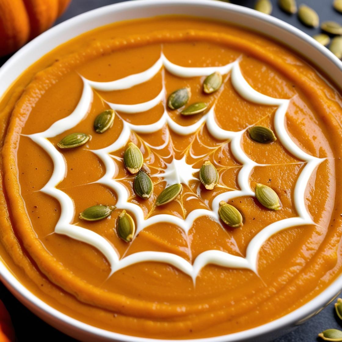 Idées de recettes pour le menu d'Halloween : Un velouté de potiron avec sa toile d'araignée